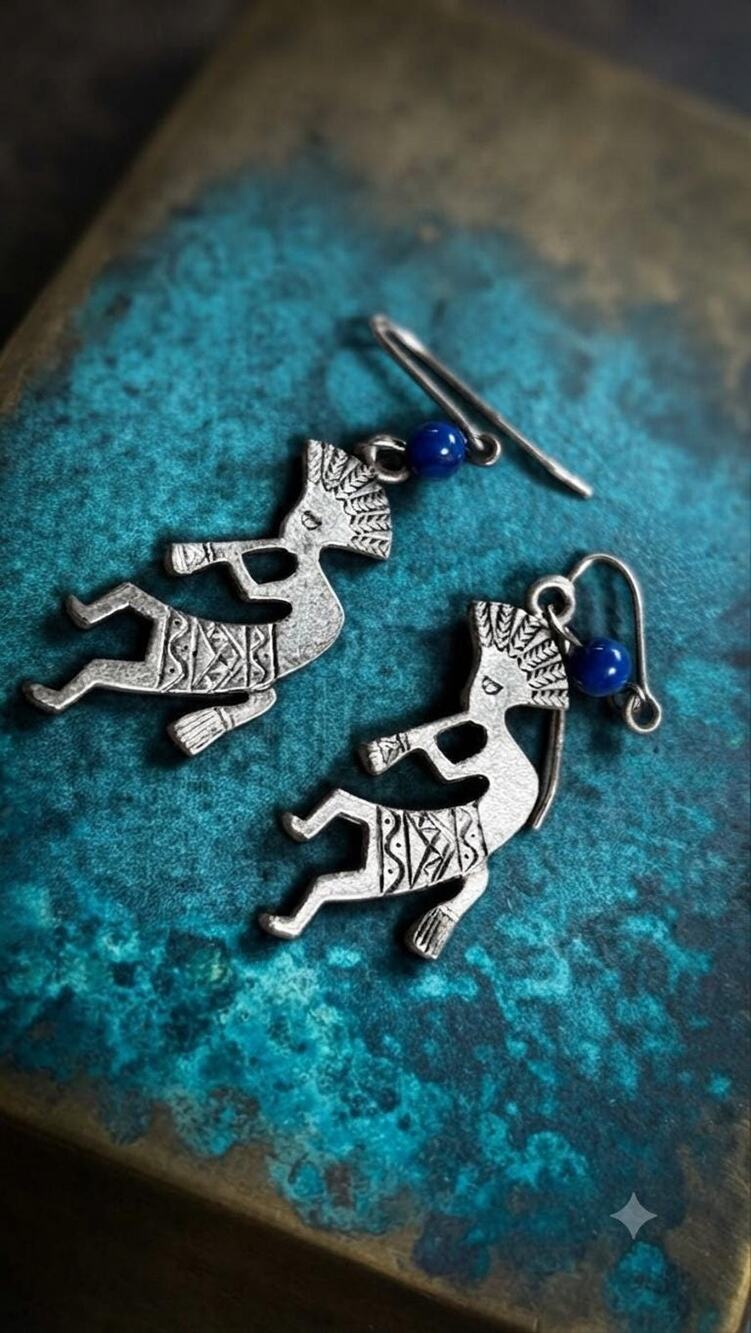 Southwestern Kokopelli Dangle Earrings Silver Tone Flute Player, Lapis Blue Bead